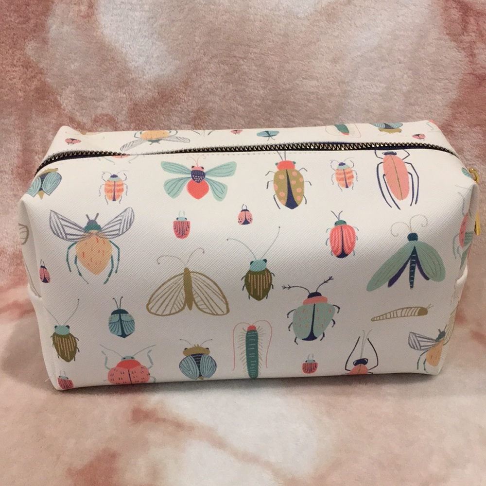 Pastel Bugs Cosmetic Day Bag NWOT Black Liner, Gold Zipper 9” X 5” X 5”